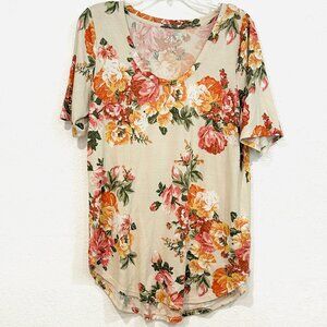 Maurices 24/7 Floral Top Stretch Soft Knit HiLo Hem Short Sleeves Women Sz Large